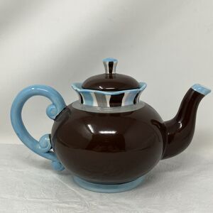 Pier 1 Imports Hand Painted Dolomite Floral Teapot Brown Blue